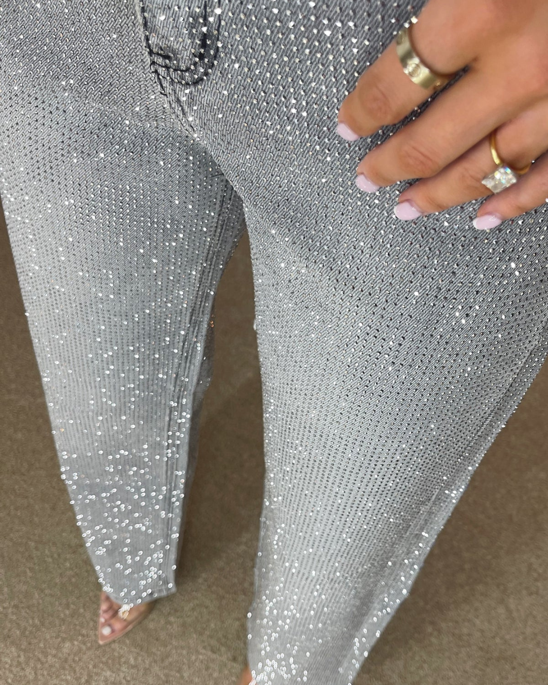 Calças de Ganga para Mulher com Efeito de Diamante e Pernas Largas
