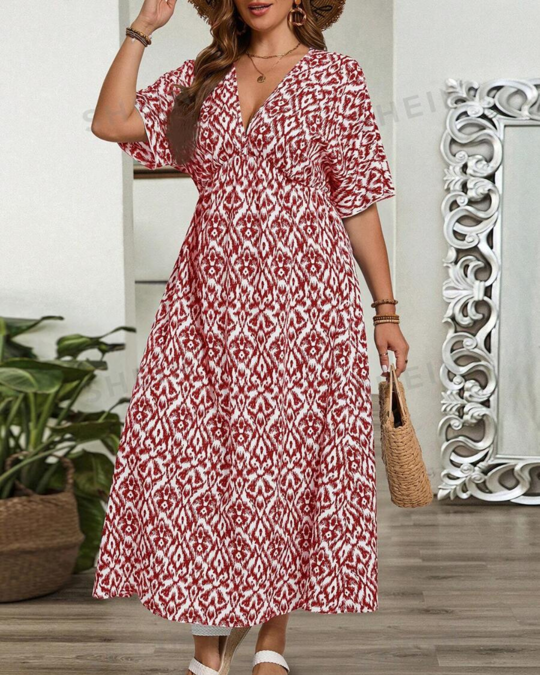 Vestido Comprido Cruzado com Decote em V e Estampado Boémio Casual