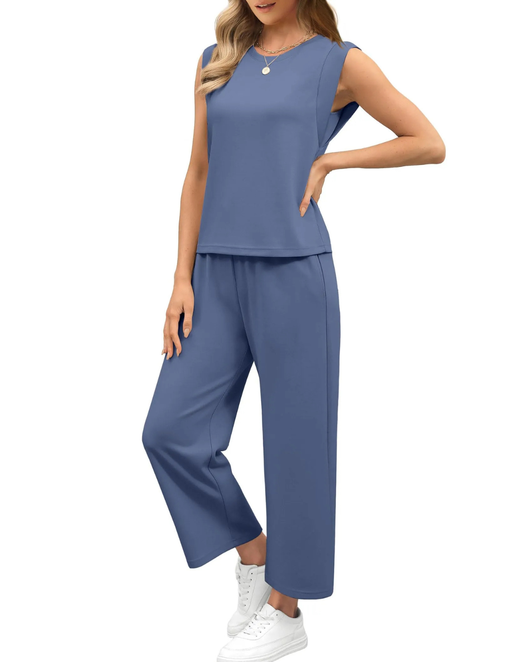 Conjunto feminino de duas peças com top largo de manga curta e calças Colgadas