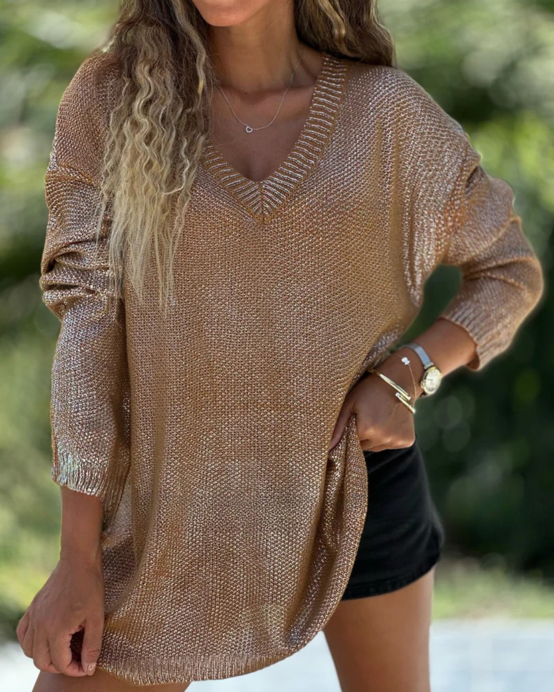 Camisola de Malha Brilhante com Decote em V para Mulher