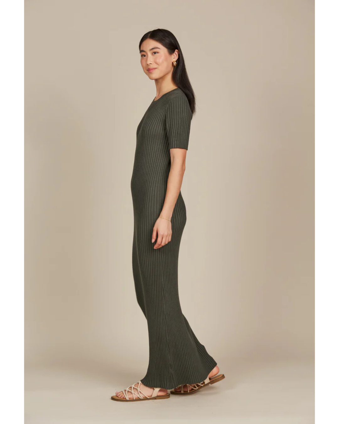 Vestido Comprido de Manga Curta com Canelado para Mulher