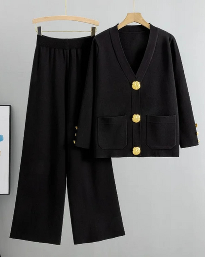 Conjunto de camisola de lã com botões metálicos e calças largas para mulher