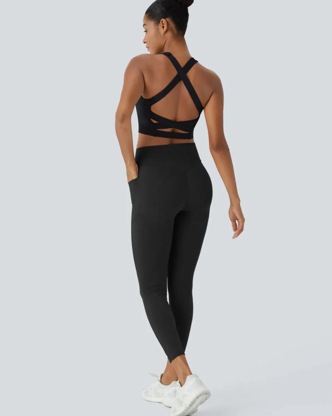 Leggings Modeladoras de Cintura Subida com Bolsos Laterais Controlo da Barriga e Aumento das Nádegas
