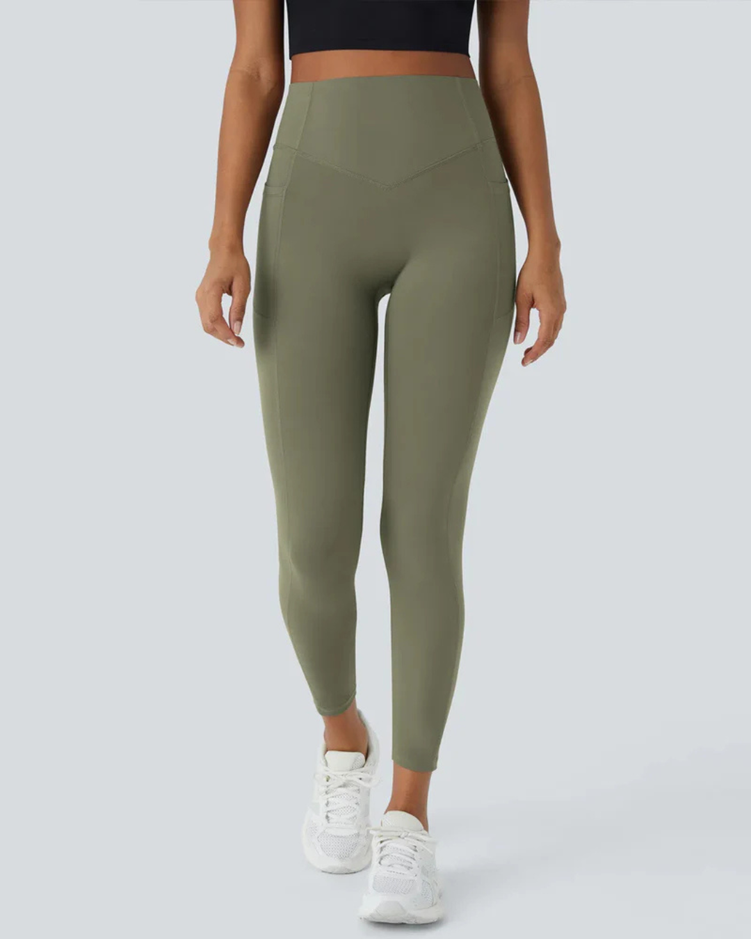 Leggings Modeladoras de Cintura Subida com Bolsos Laterais Controlo da Barriga e Aumento das Nádegas