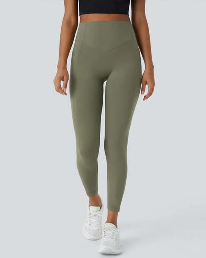Leggings Modeladoras de Cintura Subida com Bolsos Laterais Controlo da Barriga e Aumento das Nádegas