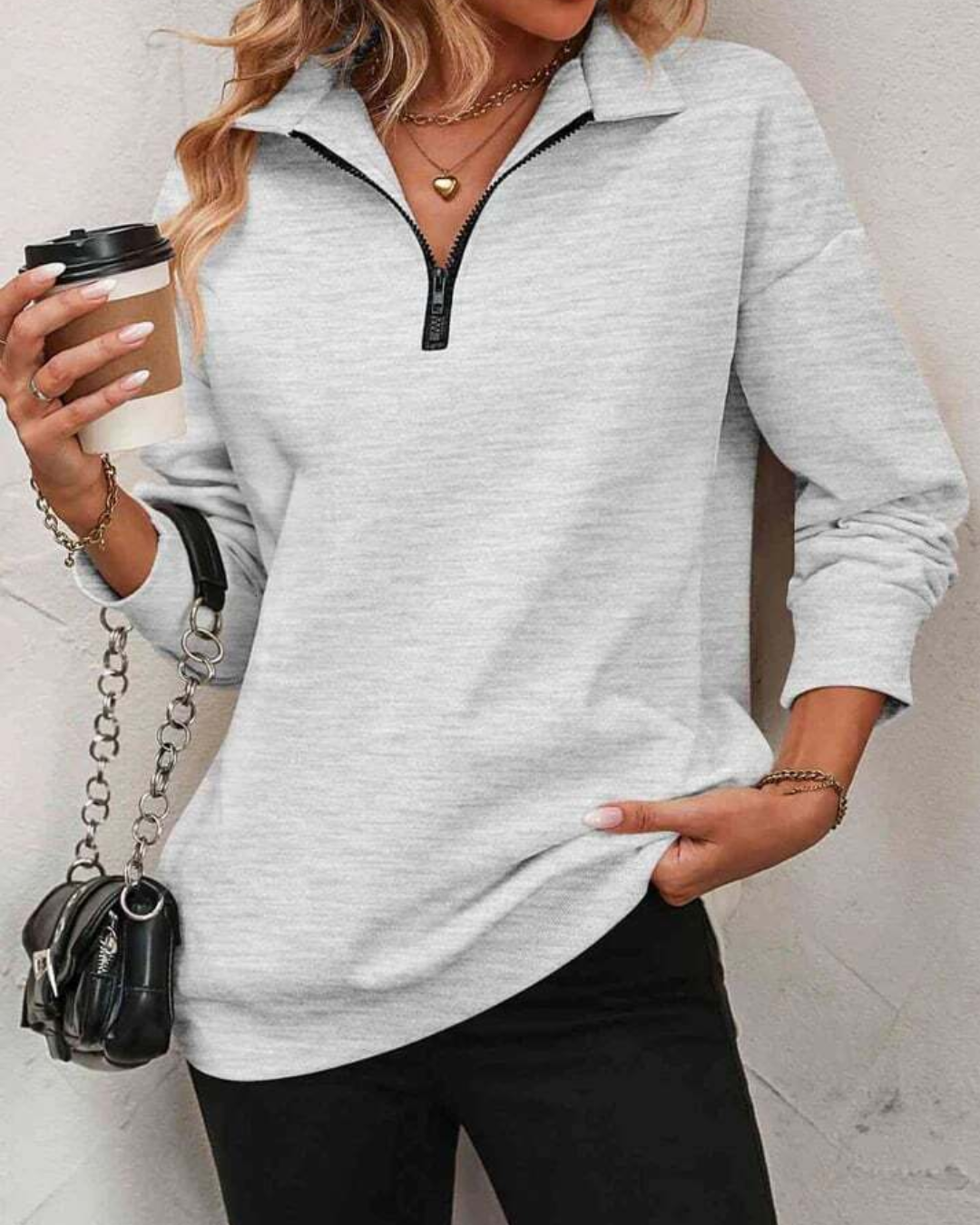 Jersey com Ombros Caídos e Fecho de Correr para Mulher