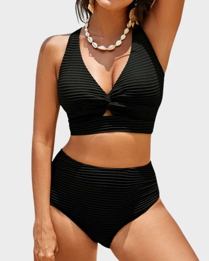 Bikini de cintura alta com controlo da barriga e nó à frente para mulher