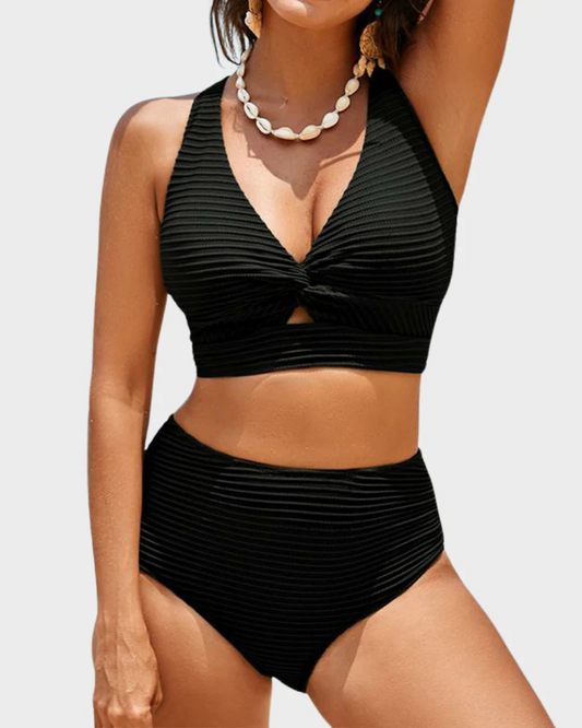 Bikini de cintura alta com controlo da barriga e nó à frente para mulher