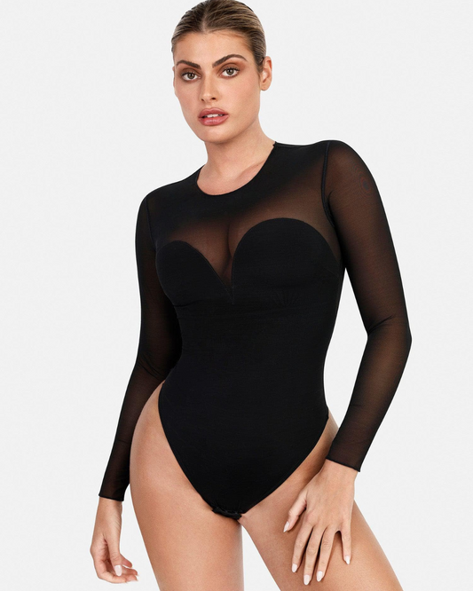 Modelador de Corpo Ilusão em Malha com Mangas Compridas para Controlar a Barriga