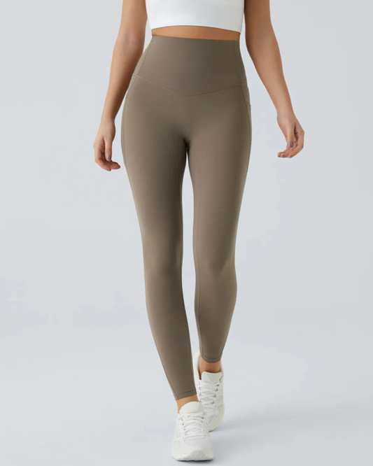 Leggings Modeladoras de Cintura Subida com Bolsos Laterais Controlo da Barriga e Aumento das Nádegas