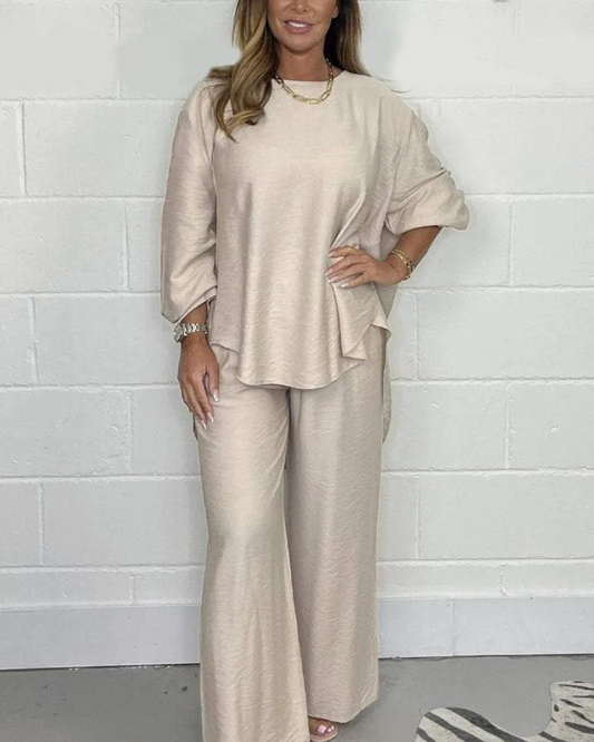 Conjunto Casual Feminino com Blusa Assimétrica e Calças de Perna arga