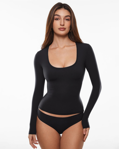 Blusa de Manga Comprida com Decote em U Profundo e Suave