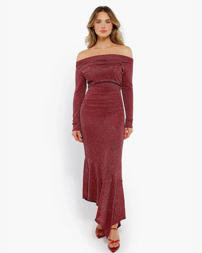 Vestido de Festa Justo com Efeito Cintilante e Mangas Compridas