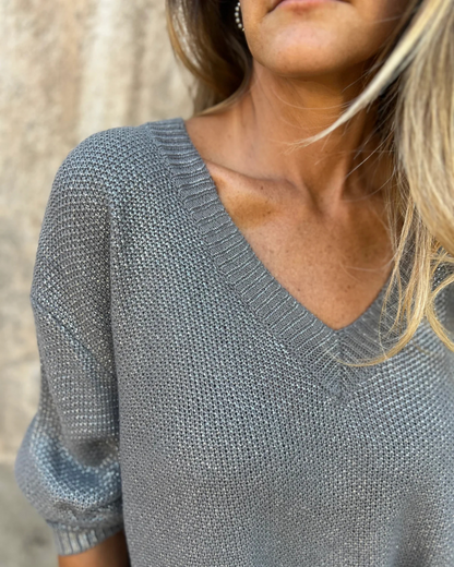 Camisola de Malha Brilhante com Decote em V para Mulher