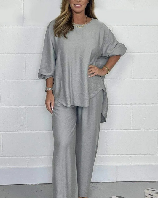 Conjunto Casual Feminino com Blusa Assimétrica e Calças de Perna arga