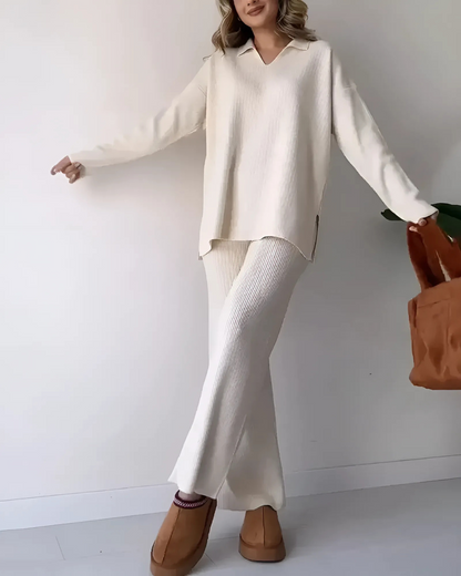 Conjunto folgado de duas peças com camisola com decote em V para mulher