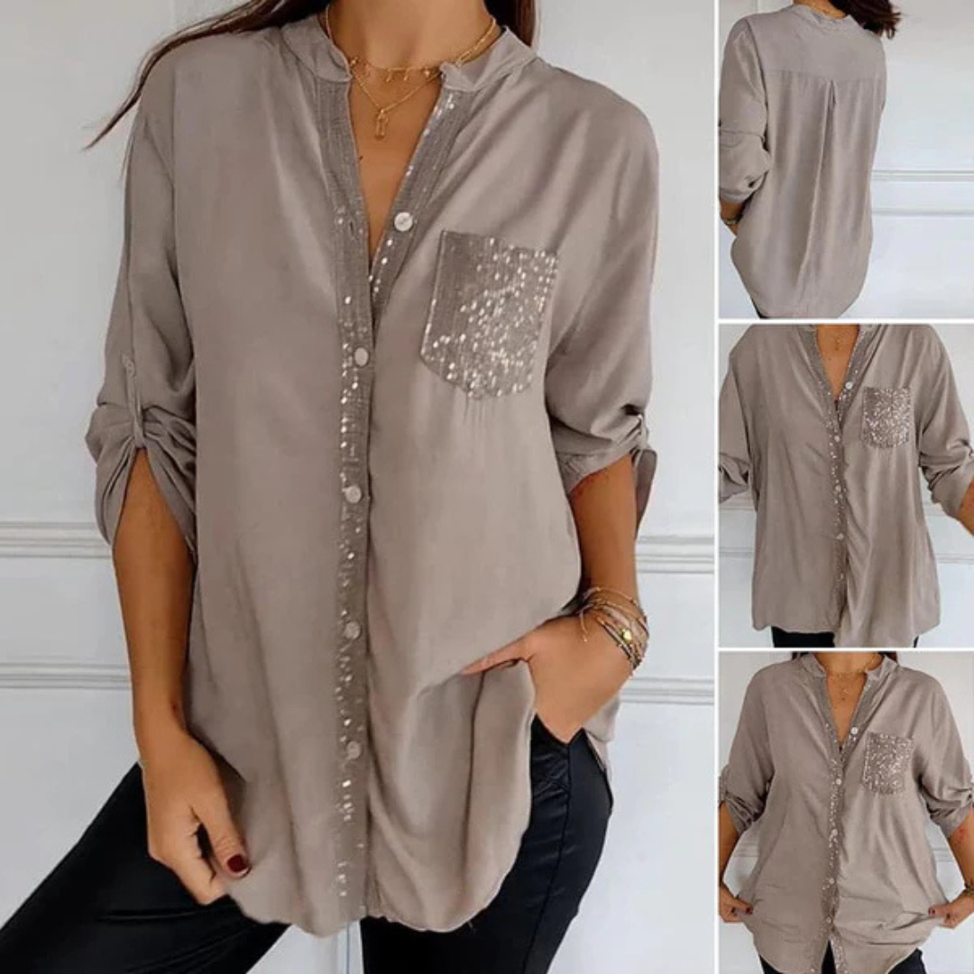 Camisa Casual de Manga Longa com Detalhes e Bolso com Lantejoulas para Mulher