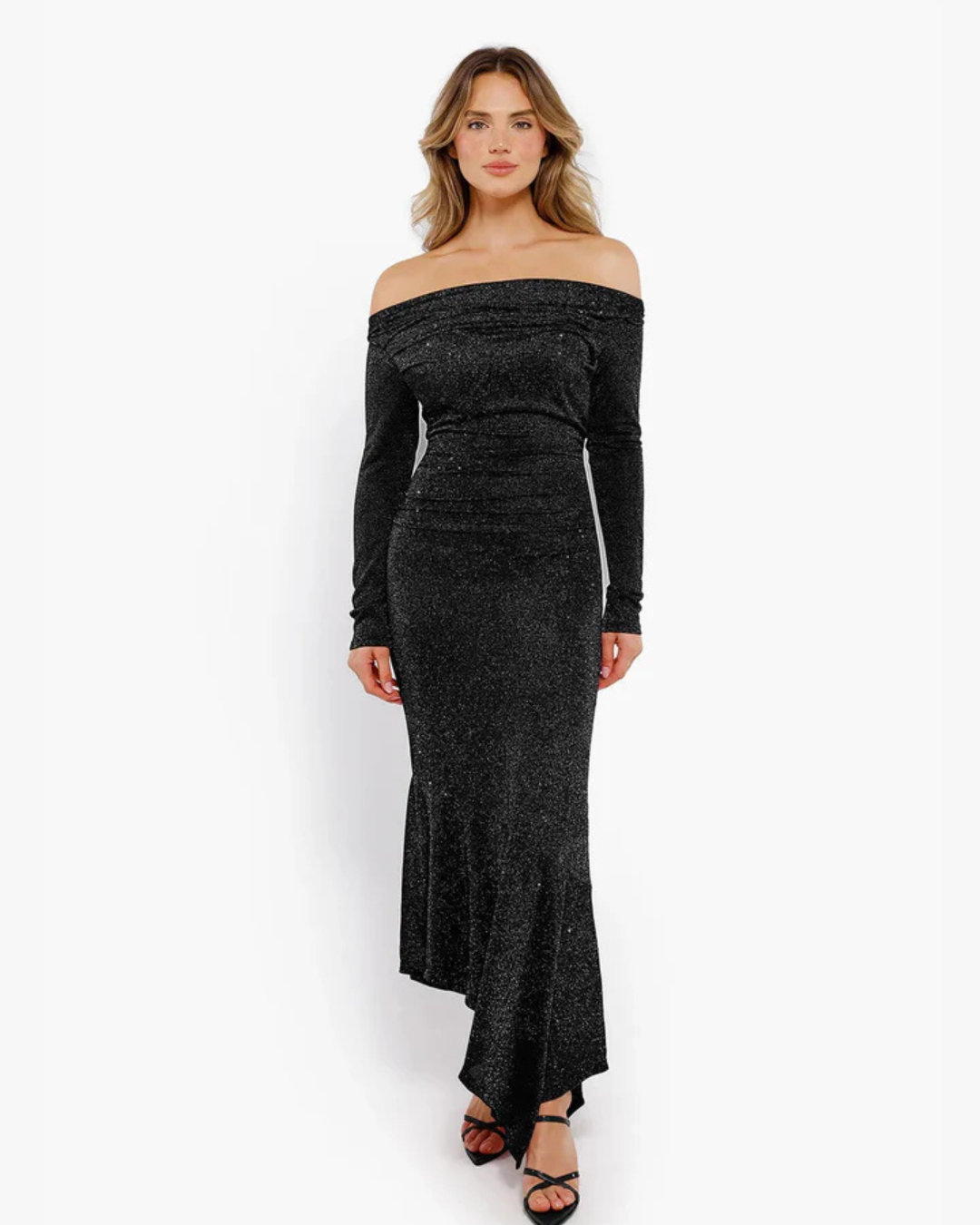 Vestido de Festa Justo com Efeito Cintilante e Mangas Compridas