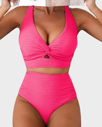 Bikini de cintura alta com controlo da barriga e nó à frente para mulher