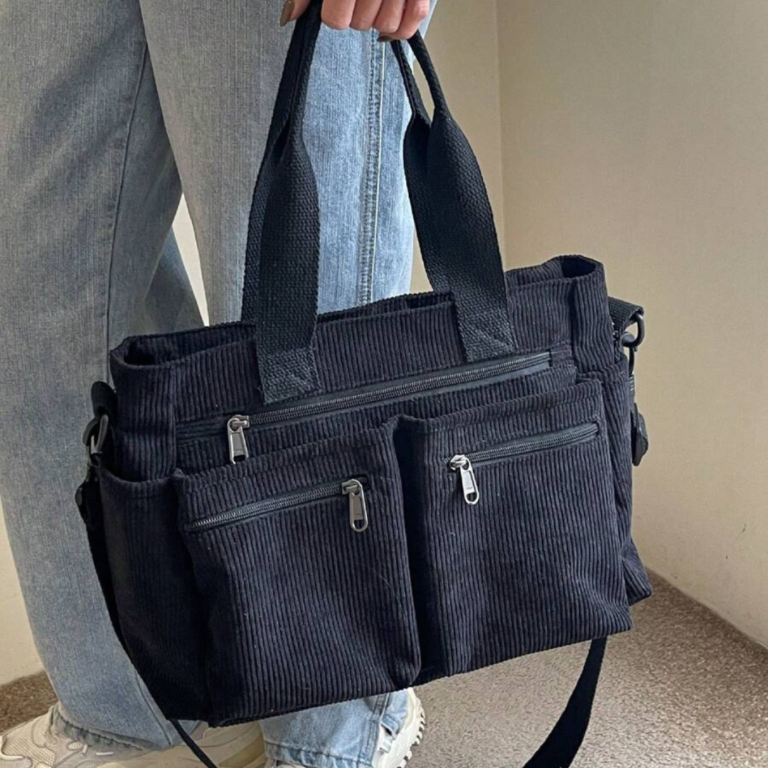Bolsa de Bombazina com Vários Compartimentos e Design Casual, Ideal para o Dia a Dia e para Viagens.