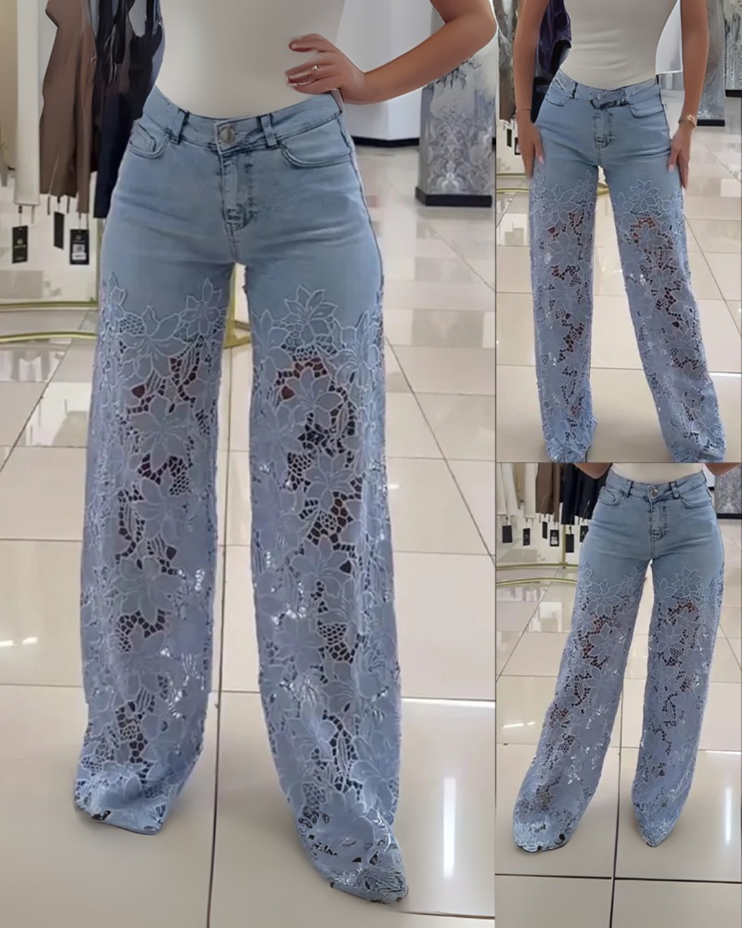 Calças de ganga para senhora com renda floral