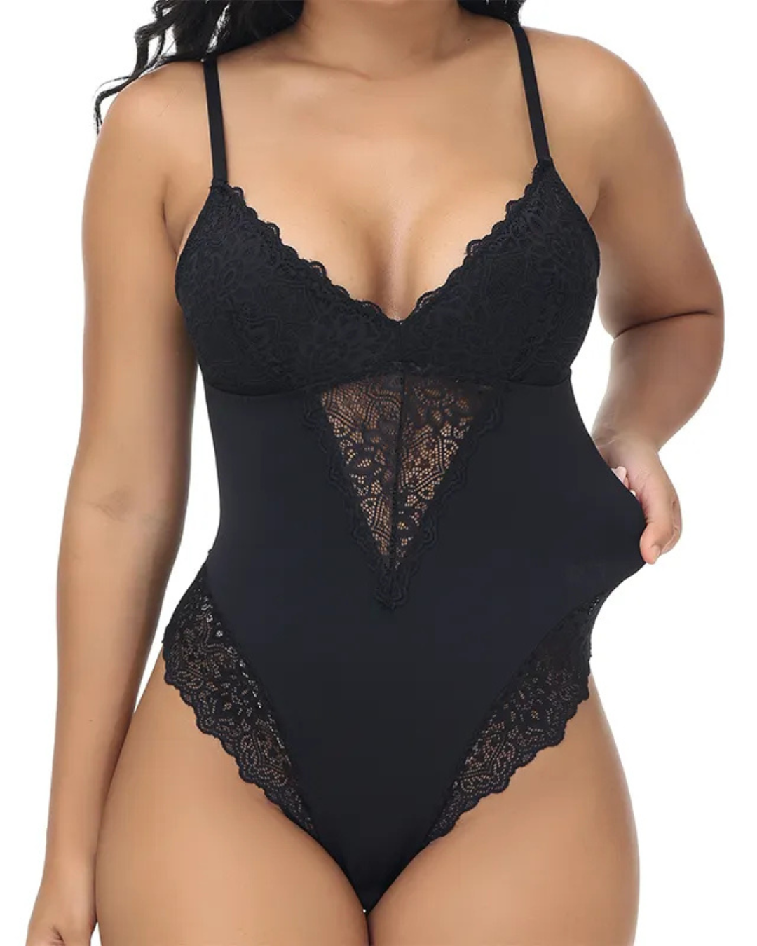Body Modelador de uma Peça em Renda, sem Mangas, com Alças Finas para Mulher