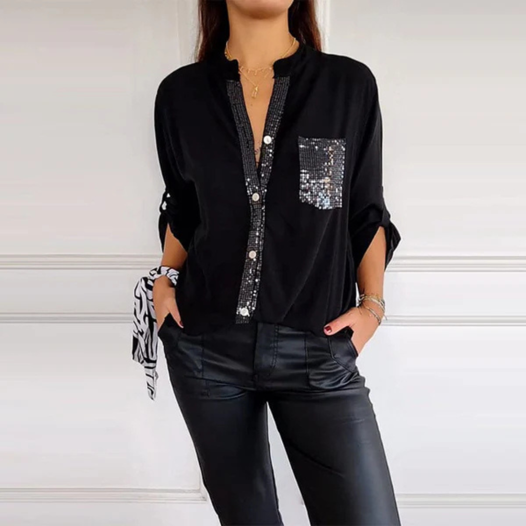Camisa Casual de Manga Longa com Detalhes e Bolso com Lantejoulas para Mulher