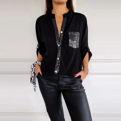 Camisa Casual de Manga Longa com Detalhes e Bolso com Lantejoulas para Mulher