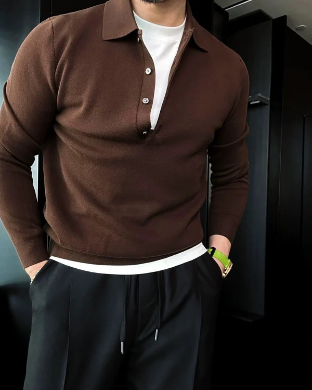 Camisola polo de malha de manga comprida para homem