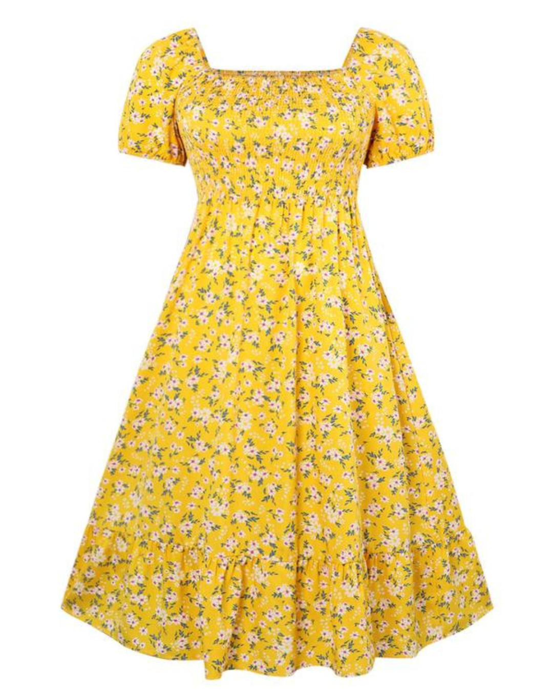 Vestido estampado com decote quadrado e corte império