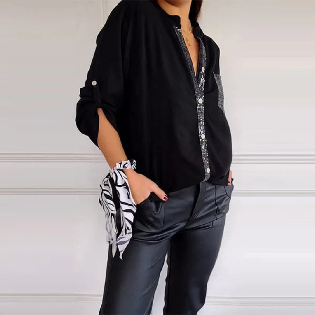 Camisa Casual de Manga Longa com Detalhes e Bolso com Lantejoulas para Mulher