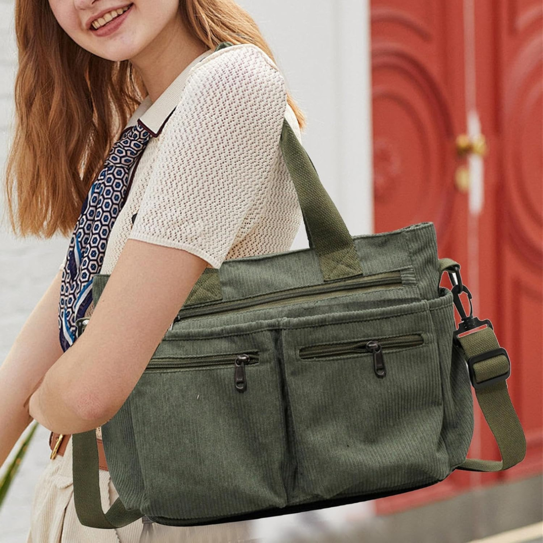 Bolsa de Bombazina com Vários Compartimentos e Design Casual, Ideal para o Dia a Dia e para Viagens.