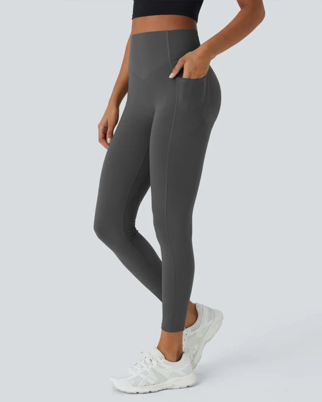 Leggings Modeladoras de Cintura Subida com Bolsos Laterais Controlo da Barriga e Aumento das Nádegas