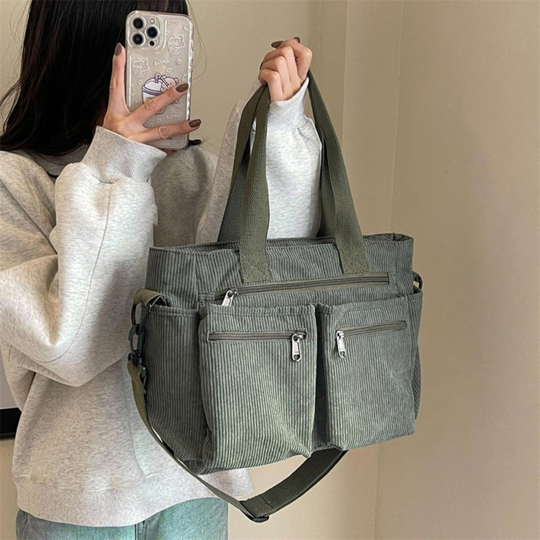 Bolsa de Bombazina com Vários Compartimentos e Design Casual, Ideal para o Dia a Dia e para Viagens.