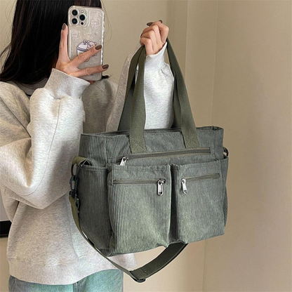 Bolsa de Bombazina com Vários Compartimentos e Design Casual, Ideal para o Dia a Dia e para Viagens.